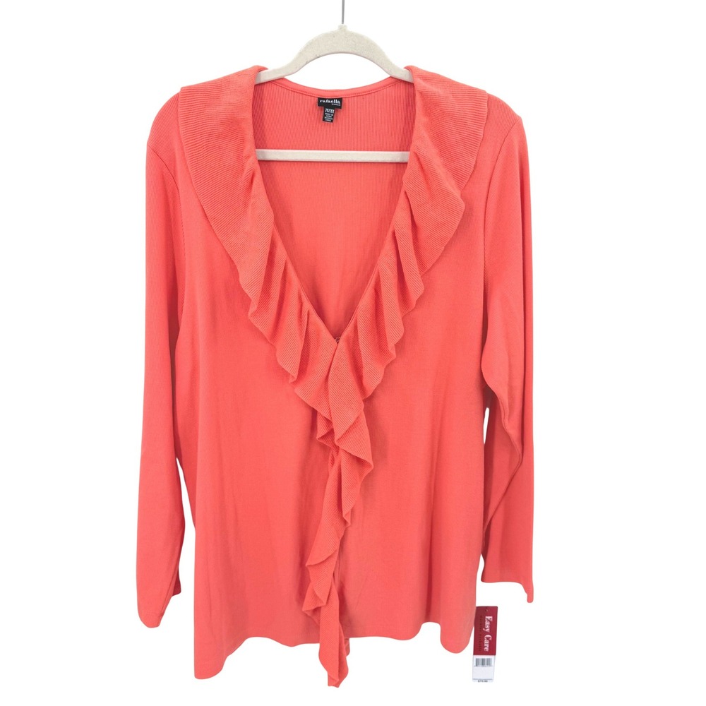 Rafaella Woman Coral Orange Ruffled Ribbed Cardigan Open Front Plus 2X NWT